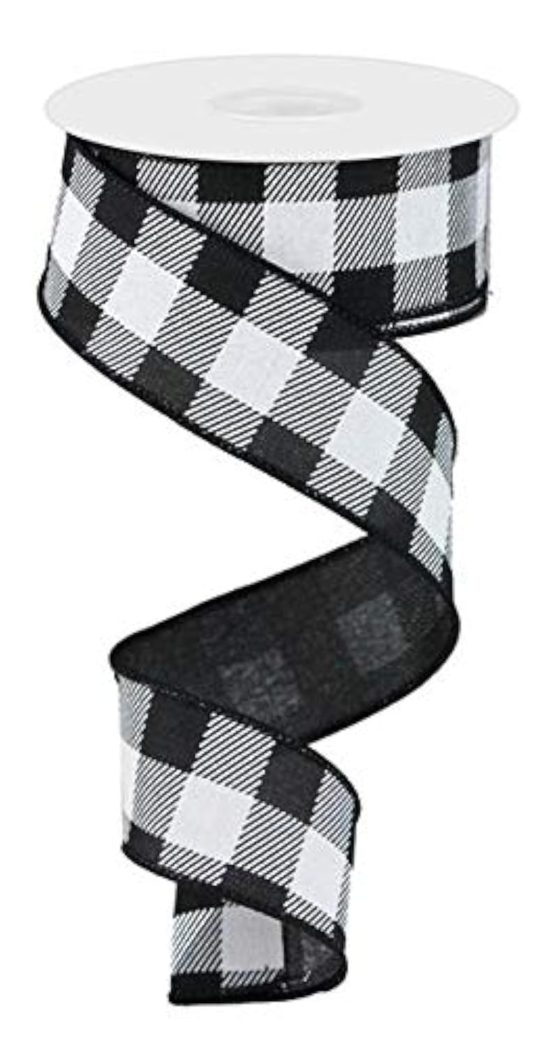 Craig Bachman Plaid Check Wired Edge Ribbon - 10 Yards (Black, White, 1.5") - Image 1